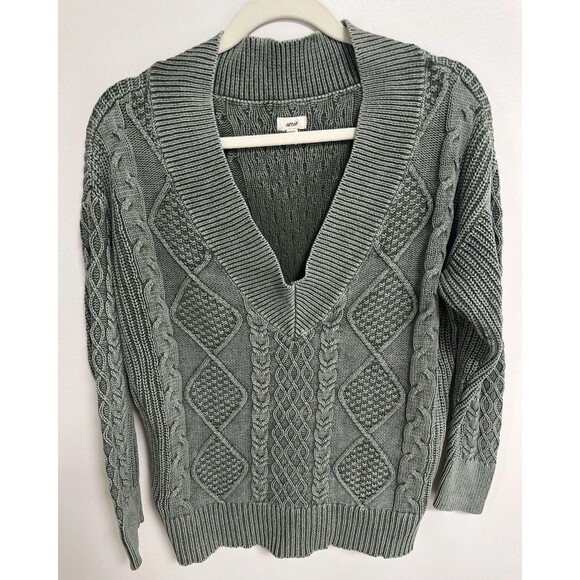 Aerie Oversized Cable Knit V Neck Pullover Slouchy Sweater Green Size XS - Picture 5 of 8